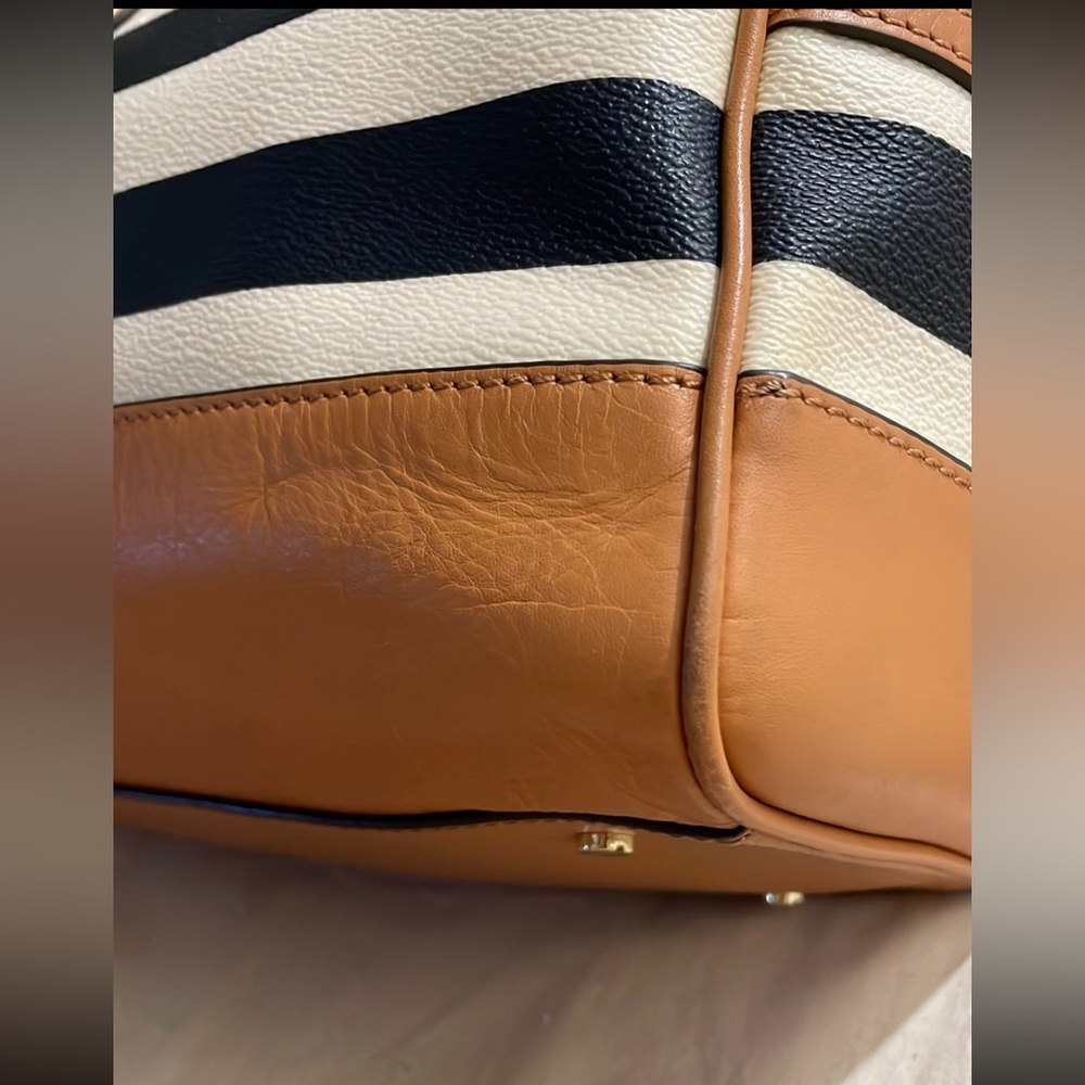 Tory Burch Navy and White Striped Satchel with Tan Trim - Picture 9 of 13